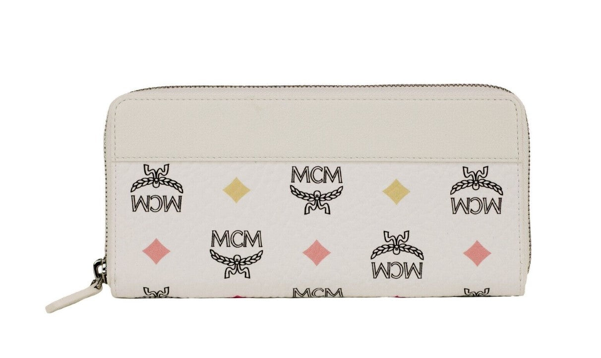 NWT MCM Portuna popular White Visetos Leather Multifunction Zip Around Clutch Wallet L